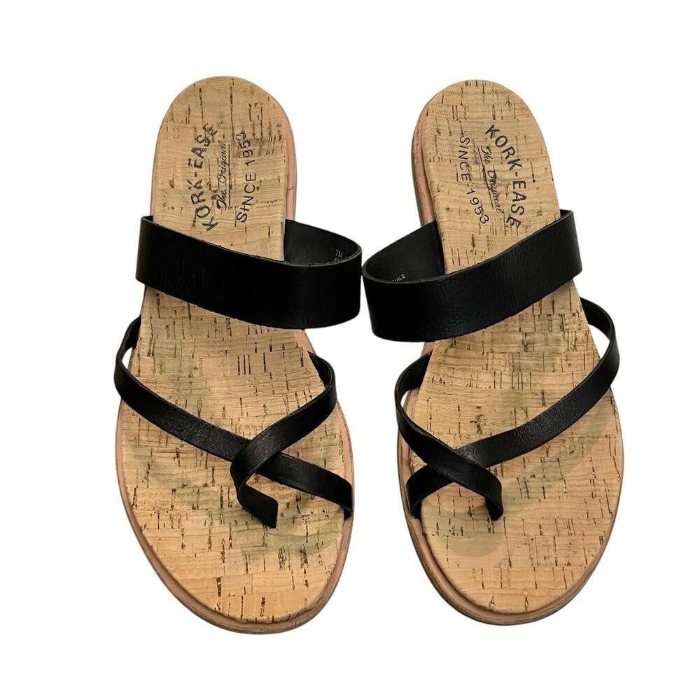 Kork Ease Belinda Strappy Sandals 7M Black Cork Insole Leather Comfort Flat